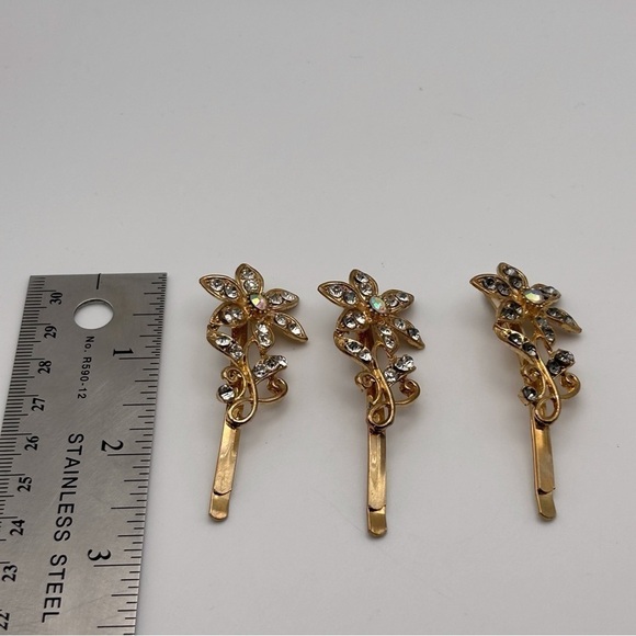 Set of 4 Floral Rhinestone Hair Bobby Pins Leaves Aurora Borealis Sparkle Beads - Picture 7 of 7
